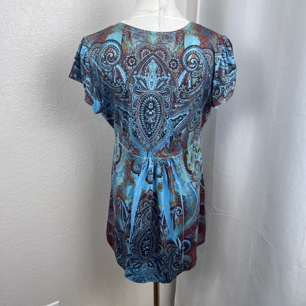 Y2K Boho Top Womens PM Blue Paisley Rhinestone Babydoll Festival Hippie‎ Fairy - Picture 4 of 9